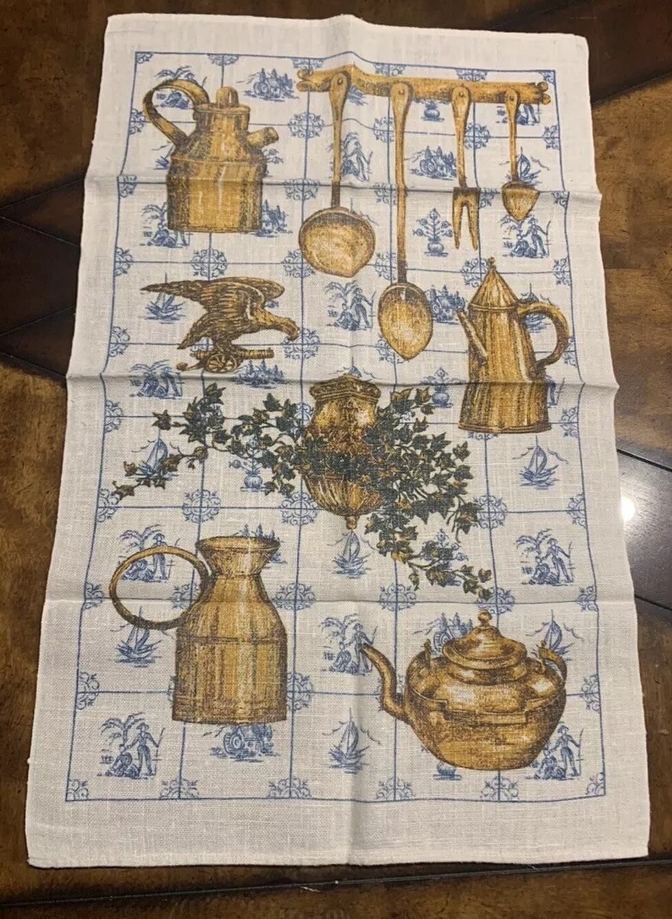 Vintage Tea Towel MCM Pure Linen Gold Tea Kettle Kitchen Eagle Retro Yellow
